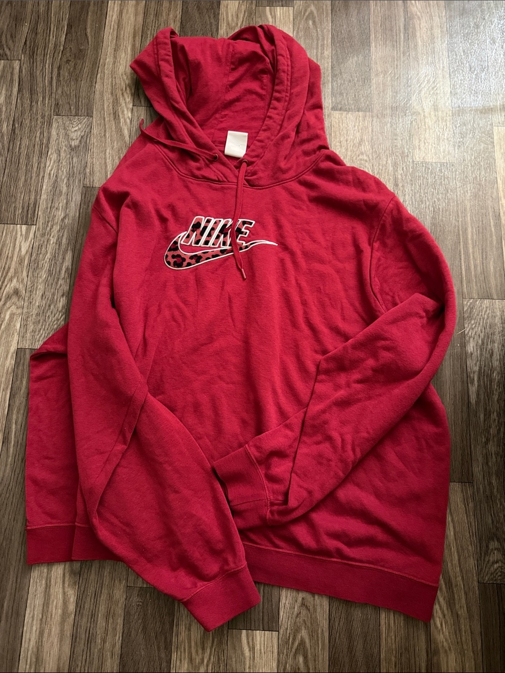 Nike Women's Red Crewneck Hoodie with Leopard Swoosh